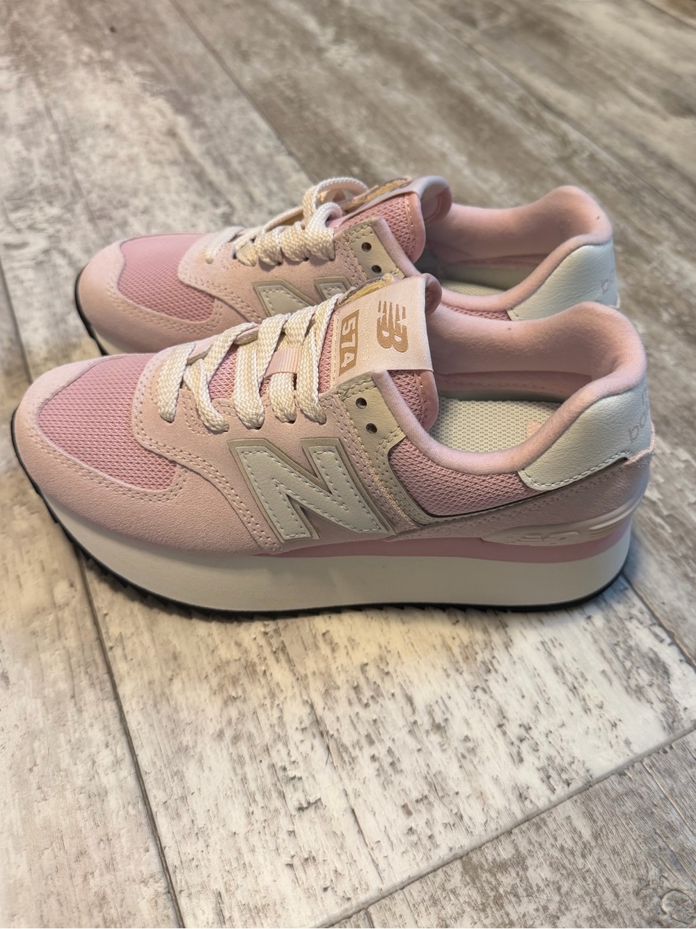 New Balance Women's 574+ Pink and White Platform Sneakers